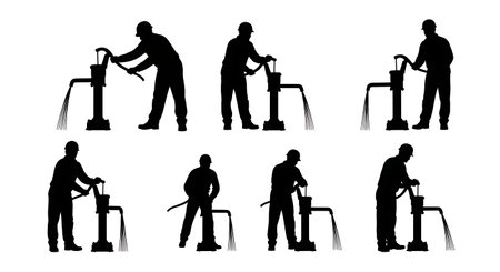 Black Solid Worker Hand Pump Silhouettes Set of Six isolated on plain white background.のイラスト素材