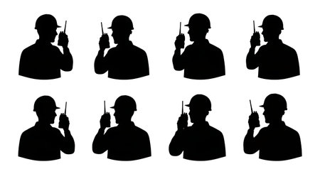 Black Solid Worker Walkie Talkie Silhouettes Set of Six isolated on plain white background.のイラスト素材
