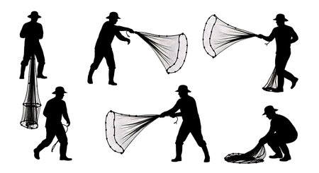 Black Solid Worker Cast Net Silhouettes Set of Six isolated on plain white background.のイラスト素材