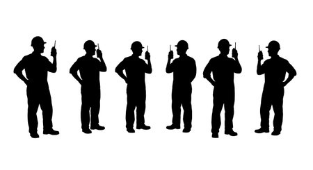 Black Solid Worker Walkie Talkie Silhouettes Set of Six isolated on plain white background.のイラスト素材