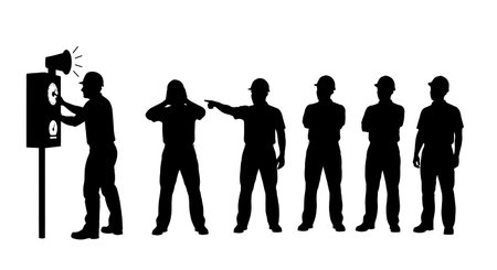 Black Solid Worker Testing Alarm Silhouettes Set of Six isolated on plain white background.のイラスト素材