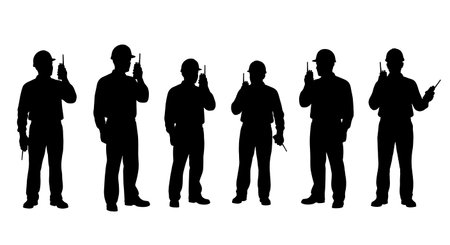 Black Solid Worker Walkie Talkie Silhouettes Set of Six isolated on plain white background.のイラスト素材