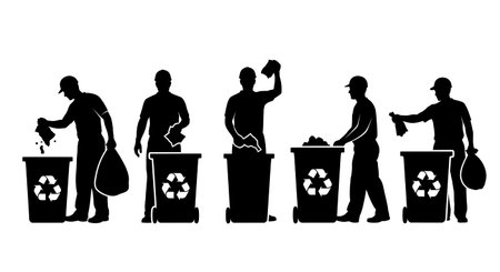 Black Solid Worker Recycling Bin Silhouettes Set of Six isolated on plain white background.のイラスト素材