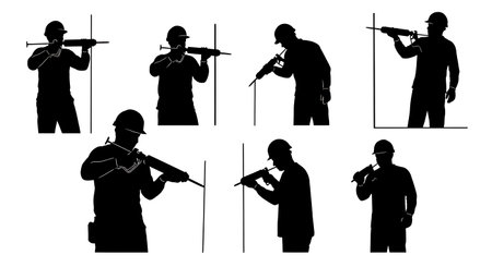 Black Solid Worker Caulking Gun Silhouettes Set of Six isolated on plain white background.のイラスト素材