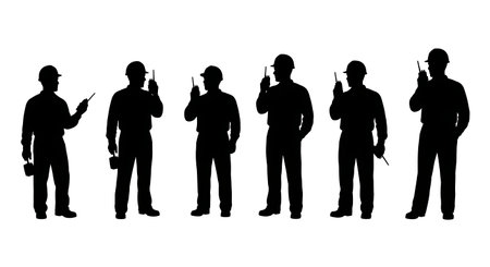 Black Solid Worker Walkie Talkie Silhouettes Set of Six isolated on plain white background.のイラスト素材
