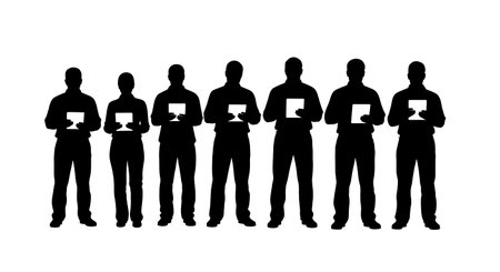 Black Solid Worker Using Tablet Silhouettes Set of Six isolated on plain white background.のイラスト素材