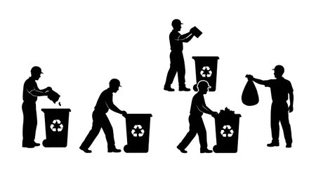 Black Solid Worker Recycling Bin Silhouettes Set of Six isolated on plain white background.のイラスト素材