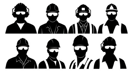Black Solid Worker Ear Protection Silhouettes Set of Six isolated on plain white background.のイラスト素材