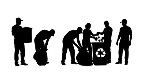 Black Solid Worker Recycling Bin Silhouettes Set of Six isolated on plain white background.のイラスト素材