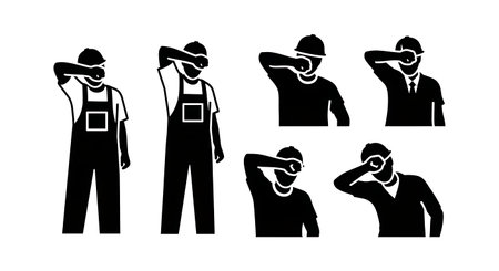 Black Solid Worker Wiping Sweat Silhouettes Set of Six isolated on plain white background.のイラスト素材