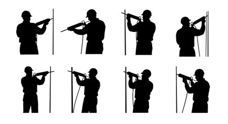 Black Solid Worker Caulking Gun Silhouettes Set of Six isolated on plain white background.のイラスト素材