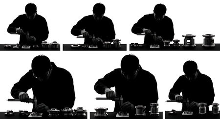 Black Solid Inspector Using Calipers Silhouettes Set of Six isolated on plain white background.