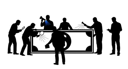 Black Solid Banknote Inspector Silhouettes Set of Six isolated on plain white background.のイラスト素材