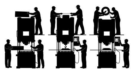 Black Solid Stamping Press Operator Silhouettes Set of Six isolated on plain white background.のイラスト素材