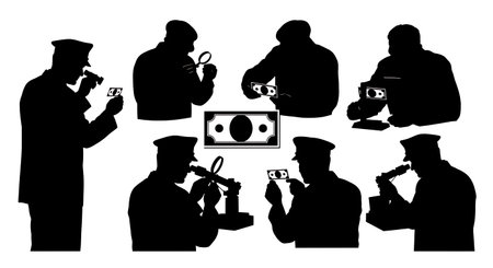 Black Solid Banknote Inspector Silhouettes Set of Six isolated on plain white background.のイラスト素材