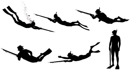 Black Solid Spear Fishermen Silhouettes Set of Six isolated on plain white background.のイラスト素材