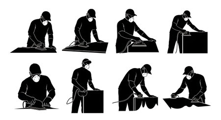 Black Solid Wood Worker Sanding Silhouettes Set of Six isolated on plain white background.のイラスト素材