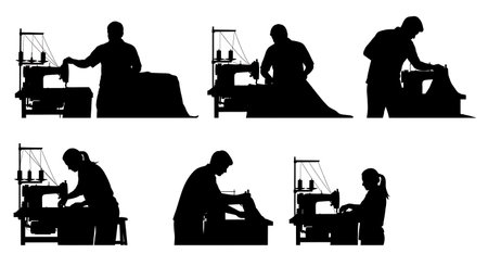 Black Solid Textile Sewing Worker Silhouettes Set of Six isolated on plain white background.のイラスト素材