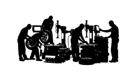 Black Solid Tire Changer Operator Silhouettes Set of Six isolated on plain white background.のイラスト素材