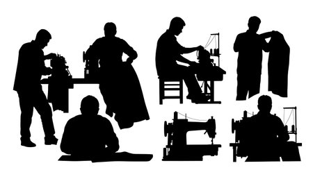 Black Solid Textile Sewing Worker Silhouettes Set of Six isolated on plain white background.のイラスト素材