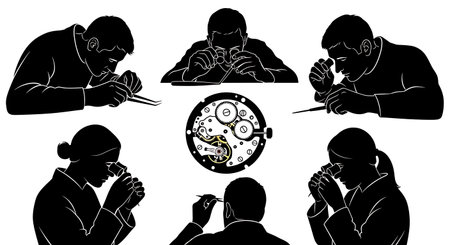 Black Solid Watch Inspector Silhouettes Set of Six isolated on plain white background.