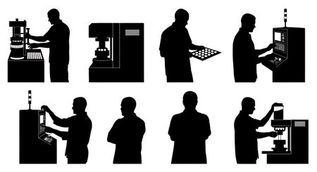 Black Solid Tablet Press Operator Silhouettes Set of Six isolated on plain white background.のイラスト素材