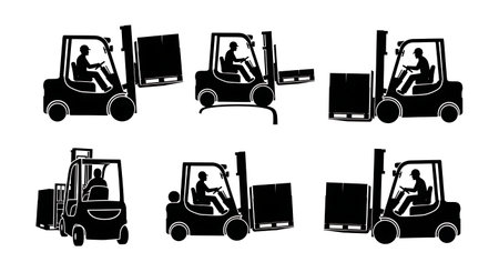 Black Solid Forklift Driver Silhouettes Set of Six isolated on plain white background.のイラスト素材