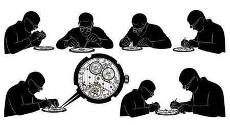 Black Solid Watch Inspector Silhouettes Set of Six isolated on plain white background.
