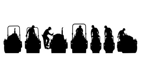 Black Solid Steamroller Operator Silhouettes Set of Six isolated on plain white background.のイラスト素材