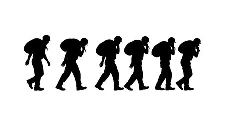Black Solid Worker Carrying Bag Silhouettes Set of Six isolated on plain white background.のイラスト素材