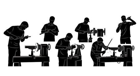 Black Solid Wood Lathe Operator Silhouettes Set of Six isolated on plain white background.のイラスト素材