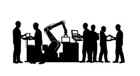 Black Solid Worker Adjusting Robot Silhouettes Set of Six isolated on plain white background.