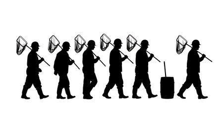 Black Solid Worker Dip Net Silhouettes Set of Six isolated on plain white background.のイラスト素材
