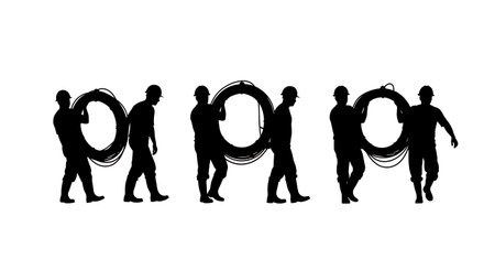 Black Solid Worker Carrying Rope Silhouettes Set of Six isolated on plain white background.のイラスト素材