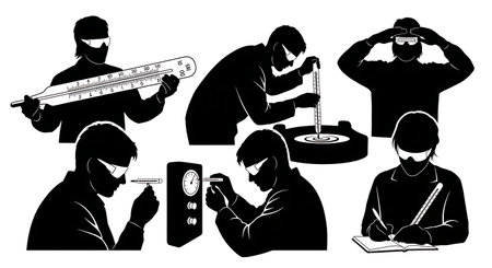 Black Solid Worker Checking Temp Silhouettes Set of Six isolated on plain white background.のイラスト素材