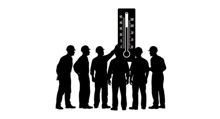 Black Solid Workers Checking Thermometer Silhouettes Set of Six isolated on plain white background.のイラスト素材