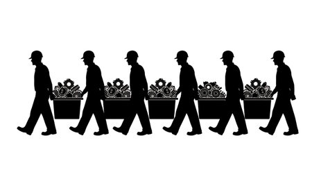 Black Solid Worker Carrying Bin Silhouettes Set of Six isolated on plain white background.のイラスト素材