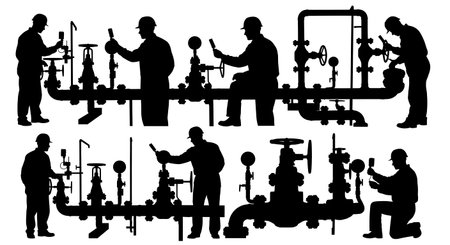 Black Solid Worker Checking Gauges Silhouettes Set of Six isolated on plain white background.のイラスト素材