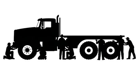Black Solid Workers Checking Tires Silhouettes Set of Six isolated on plain white background.のイラスト素材