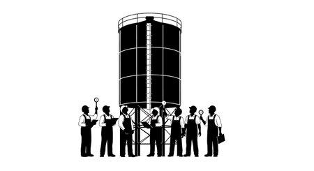 Black Solid Worker Checking Silo Silhouettes Set of Six isolated on plain white background.のイラスト素材