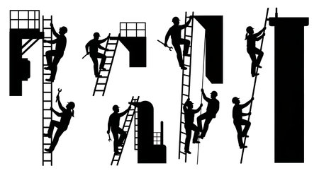 Black Solid Worker Climbing Ladder Silhouettes Set of Six isolated on plain white background.のイラスト素材