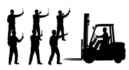 Black Solid Worker Guiding Signals Silhouettes Set of Six isolated on plain white background.のイラスト素材