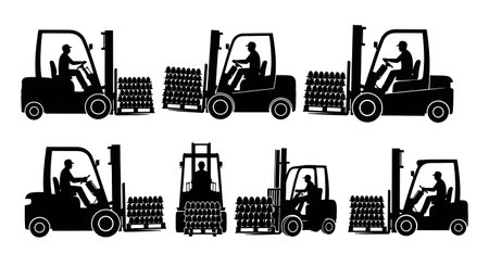 Black Solid Worker Forklift Eggs Silhouettes Set of Six isolated on plain white background.のイラスト素材