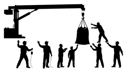 Black Solid Worker Guiding Crane Silhouettes Set of Six isolated on plain white background.のイラスト素材