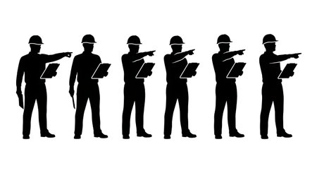 Black Solid Worker Giving Instructions Silhouettes Set of Six isolated on plain white background.のイラスト素材