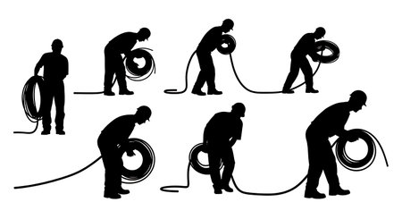 Black Solid Worker Coiling Cables Silhouettes Set of Six isolated on plain white background.のイラスト素材
