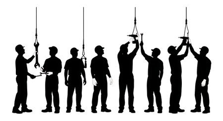 Black Solid Worker Tool Balancer Silhouettes Set of Six isolated on plain white background.のイラスト素材