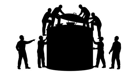 Black Solid Worker Covering Tank Silhouettes Set of Six isolated on plain white background.