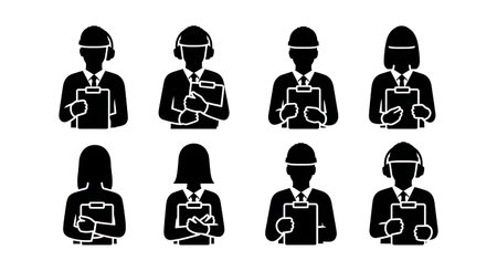 Black Solid Worker Listening Pose Silhouettes Set of Six isolated on plain white background.のイラスト素材