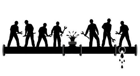 Black Solid Worker Fixing Pipe Silhouettes Set of Six isolated on plain white background.のイラスト素材